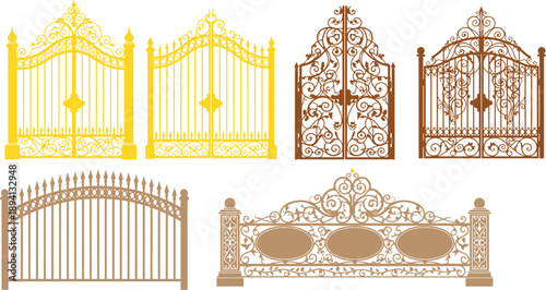 Collection of ornate wrought iron gates in yellow and brown metal fence