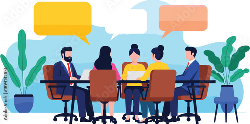 Business Team Meeting and Group Discussion Illustration with Professional Office People Communicating Strategy Ideas and Collaboration Concept Vector