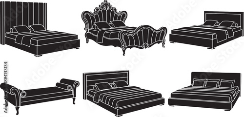 Six black silhouette beds with white outlines on a white background furniture bedroom interior