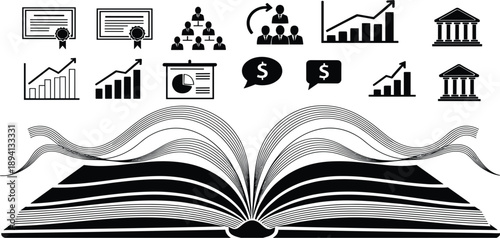 Open Book Business Education Illustration with Finance Management Growth Analytics and Knowledge Icons for Corporate Learning Training and Strategy Concept Vector