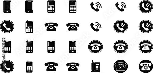 Phone and Call Icon Vector Set with Mobile Devices, Landline Telephones, Incoming Outgoing Call Symbols, and Communication Interface Signs