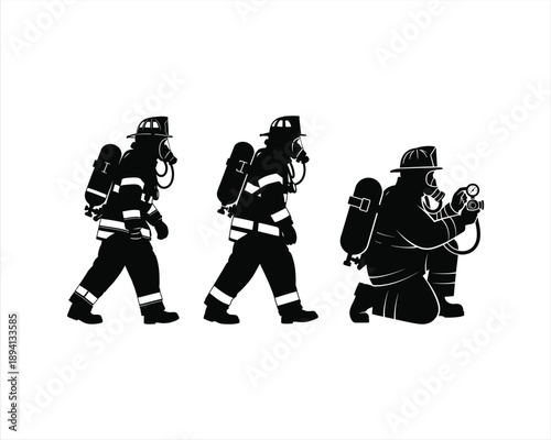 Firefighter with oxygen tank Vector Silhouette illustration design,  firefighter with oxygen tank silhouette, firefighter breathing apparatus vector, fireman SCBA silhouette, firefighter air tank 