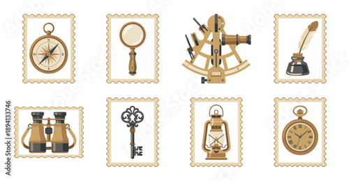 Vintage Nautical Exploration Postage Stamp Collection for Antique Travel and Maritime Adventure Design