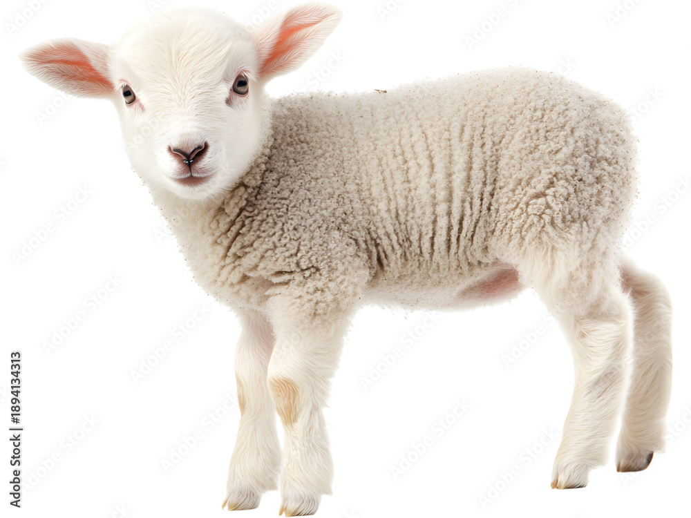Fototapeta premium Cute young lamb standing isolated on transparent background. Farm animal concept symbolizing innocence, nature, rural life and agriculture.