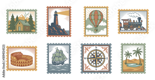 Vintage Illustration Adventure Postage Stamp Collection for Travel Scrapbooking and Retro Stationery Design