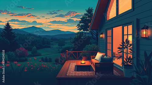 An anime-style illustration featuring beautiful natural landscapes, a cozy house with a garden and lounge area, illuminated by the setting sun. Lo-fi style, evening relaxation.