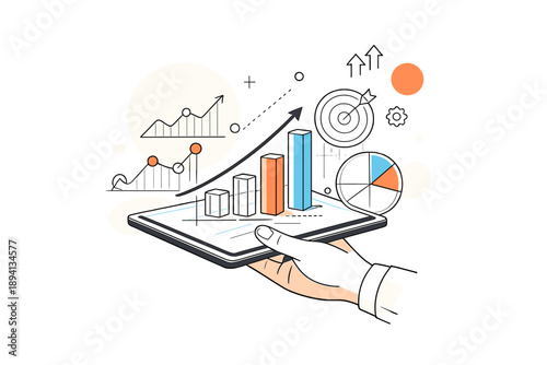 Image Generation. Minimalist tablets showing abstract analytics. Hand holding a tablet while layered graphs,