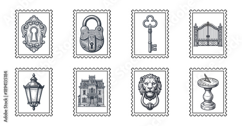 Vintage Gothic Architecture and Security Element Postage Stamp Collection for Victorian Mystery Scrapbooking