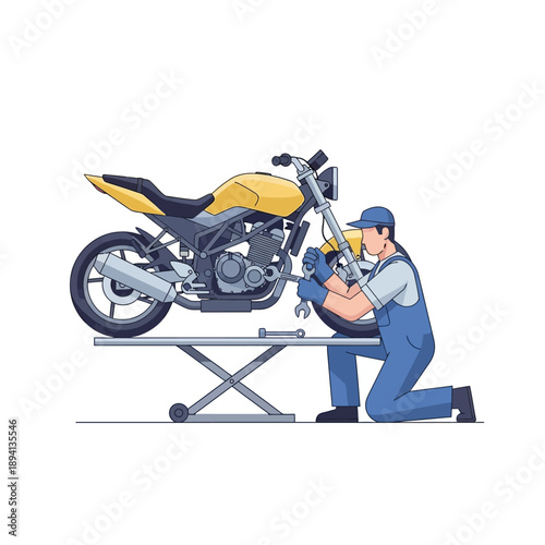 Motorcycle Mechanic Working on Bike Repair Stand with Tools