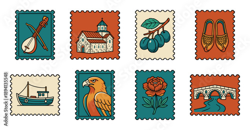 Retro Illustrated Balkan Heritage Postage Stamp Collection for Cultural Travel Scrapbooking and Folklore Stationery