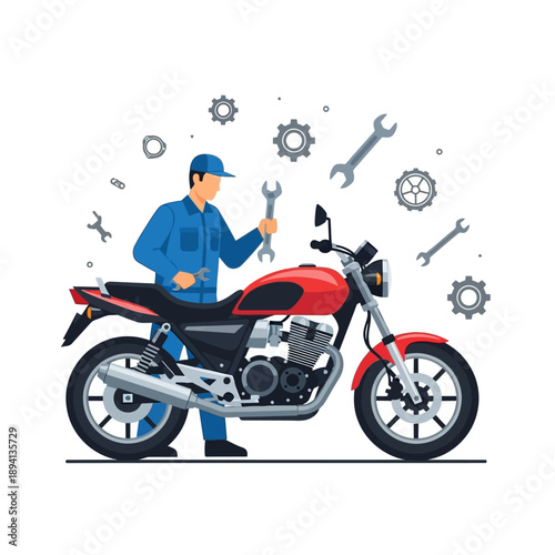Motorcycle Mechanic Repairing Red Bike with Tools and Gears - Vector Illustration