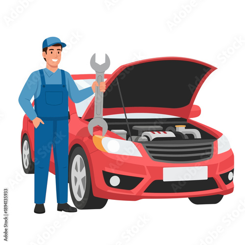 Smiling Mechanic Holding Wrench Next to Red Car with Open Hood