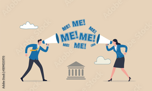 Selfish make people central bank their right, overconfidence or narcissism fighting or conflict, greed or spoiled concept, selfish businessman and businesswoman argue shouting the word ME