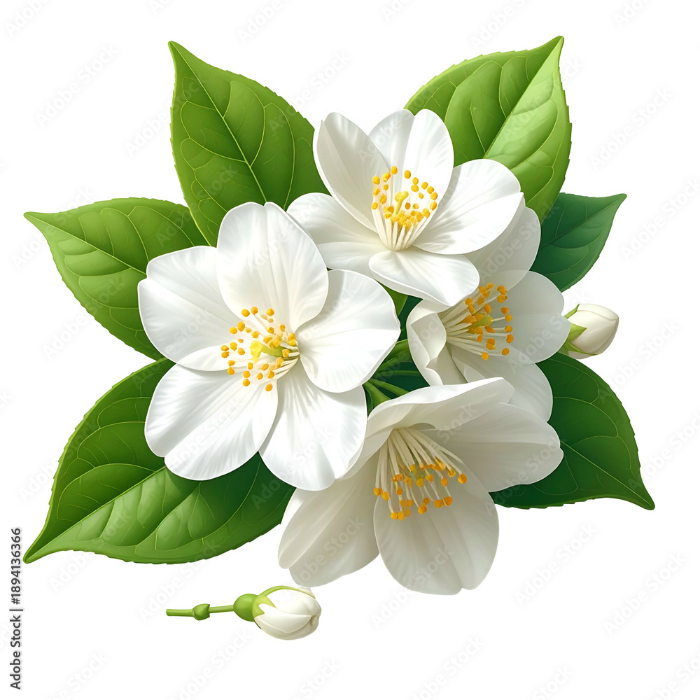 Fototapeta premium Realistic digital illustration of white jasmine flowers with green leaves on black