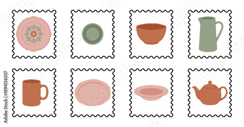 Minimalist Earthy Ceramic Kitchenware Postage Stamp Set for Rustic Interior Design and Stationery Projects