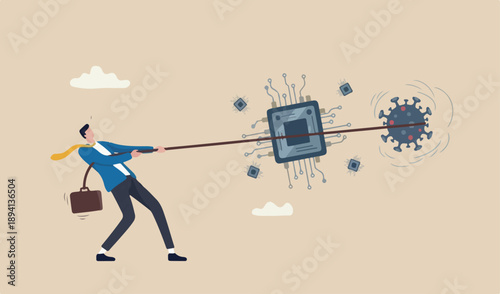 Semiconductor and computer chip supply chain shortage due Coronavirus COVID-19 pandemic, electronics manufacturing problem concept, businessman tug war fighting to get computer chip