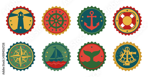 Vintage Nautical Badge and Stamp Collection for Maritime Branding and Ocean Travel Design