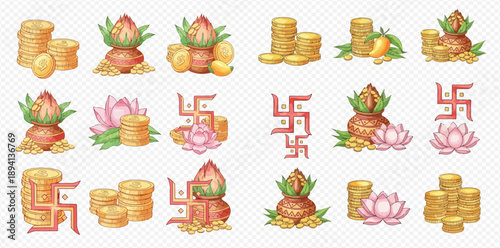Hindu religious symbols and elements including Kalash, Swastika, lotus, and gold coins for Diwali and other auspicious occasions.