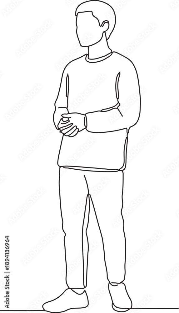Fototapeta premium A minimalist continuous line drawing of a young man standing with his hands clasped in front of him, a simple yet elegant illustration of a person