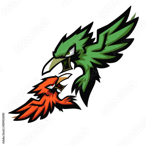 Two fierce birds in mid-air confrontation with vibrant green and orange feathers