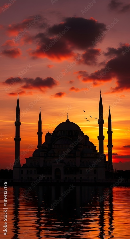 Fototapeta premium A dramatic silhouette of a magnificent mosque, featuring a large central dome and several tall, slender minarets, stands against a breathtaking sunset.