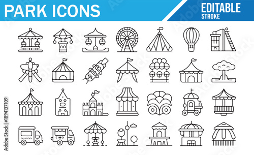 Amusement Ride Icons. Line Art Vector Collection for Park and Fair.