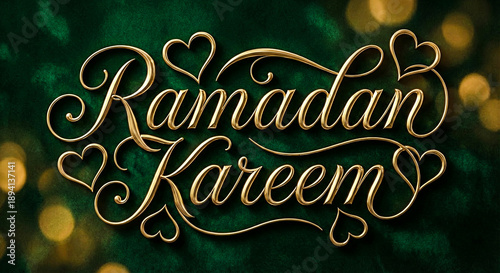 Ramadan Kareem Golden Calligraphy with Heart Flourishes on Green Bokeh Background