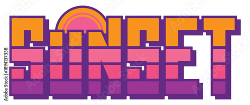 Retro 1980s style sunset graphic text with vibrant pink purple and orange gradient colors creating a nostalgic and stylish visual