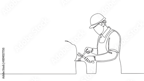 One continuous line drawing of a mechanic in uniform wearing a hard hat and holding a wrench, industrial worker in workshop