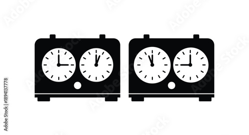 Two vintage alarm clocks displaying different times black silhouette