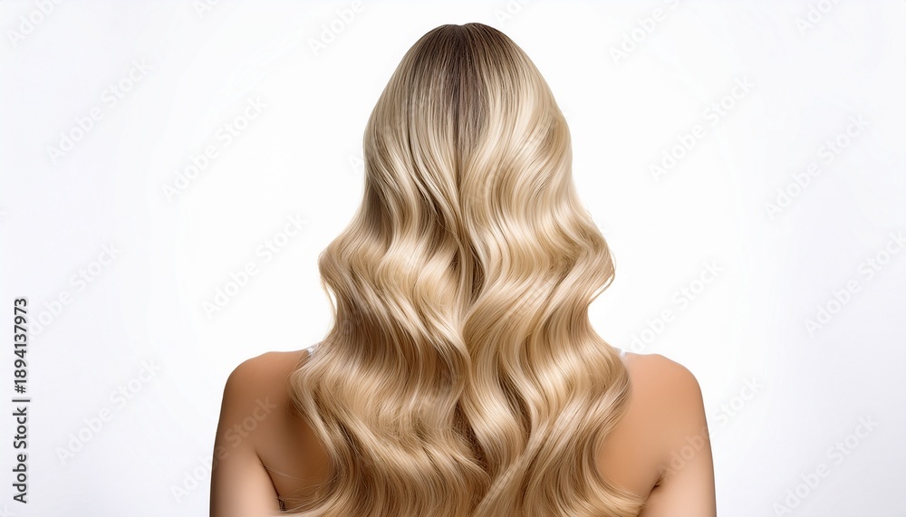 Fototapeta premium wig long wavy blonde hair styled in a symmetrical fashion isolated on a white background