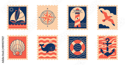 Minimalist Nautical Maritime Postage Stamp Collection for Summer Travel and Marine Sceneries Branding