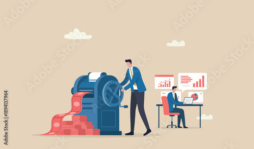 Printing money, quantitative easing policy by countries central team bank or FED, stimulate concept, businessman bank rolling money to print money red banknotes.