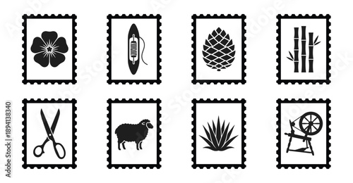 Minimalist Textile and Botanical Icon Postage Stamp Collection for Handcrafted Artisan Product Branding