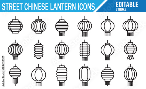 Editable stroke vector icons of street lanterns.