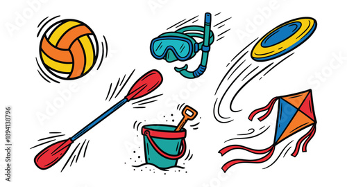 Colorful beach activity icons including volleyball, paddle, snorkel, frisbee, bucket, and kite, playful summer sports vector illustration set