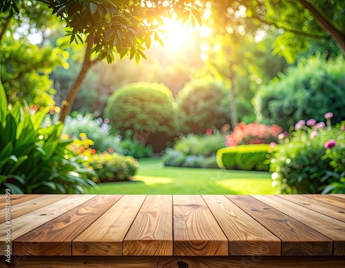Wooden tabletop foreground overlooking a sunlit, lush garden landscape with bright bokeh.