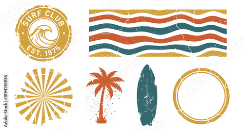 Retro surf club graphic elements set with waves, palm tree, sunburst, and tropical badges, vintage summer beach vector design collection