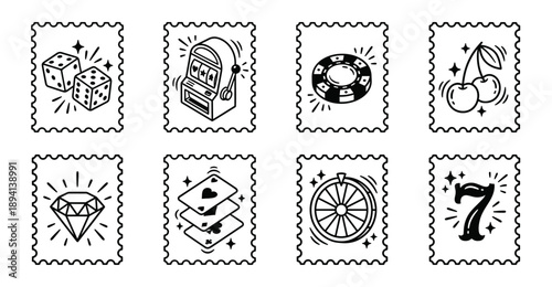 Minimalist Black Ink Gambling and Casino Postage Stamp Collection for Retro Gaming Stationery