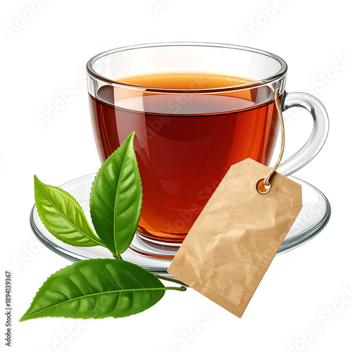 Clear teacup filled with brown liquid, leaves, saucer, and a paper tag