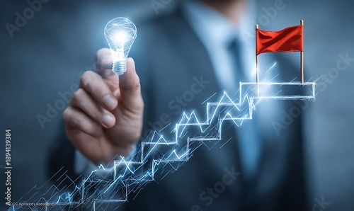 Businessman interacting with touchscreen and holding a glowing light bulb representing technology and ideas.