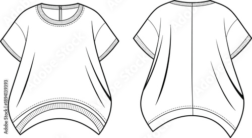 oose fit t-shirt technical sketch, fashion design template, front and back view, apparel illustration, clothing flat drawing, garment specification sheet