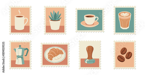 Minimalist Coffee Culture Postage Stamp Collection for Café Branding and Scrapbooking Asset Sheet