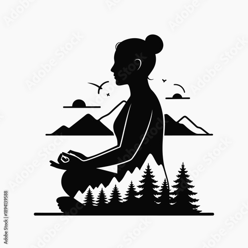 Meditating woman silhouette in lotus pose capturing nature's tranquility and inner peace