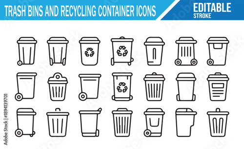 Trash bins and recycling containers line icon set. Vector illustration of various garbage cans, waste baskets, and wheelie bins with editable strokes. Outline symbols for waste management, ecology, an