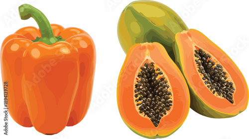 Orange bell pepper and papaya side by side, tropical produce contrast, culinary ingredients, white background
