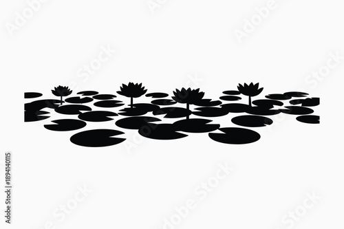 Black silhouette of elegant water lilies and floating pads on a calm pond surface