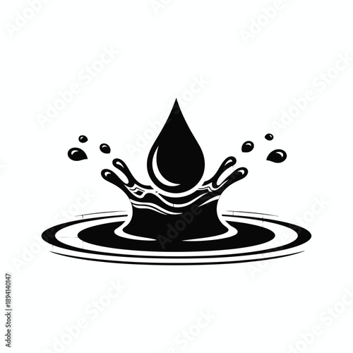 Black silhouette illustration of a single droplet causing a dynamic splash with ripples