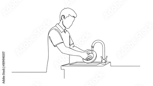Man washing dishes at the kitchen sink with running water from a faucet, domestic chore illustration