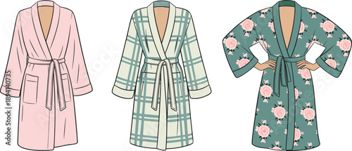 Pink bathrobe, plaid bathrobe, floral bathrobe, women’s loungewear fashion, cozy home clothing, stylish robe design, cad drawing flat vector illustration